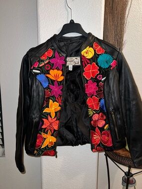 Unique Embroidered Black Leather Jacket with Multicolor Floral Panels